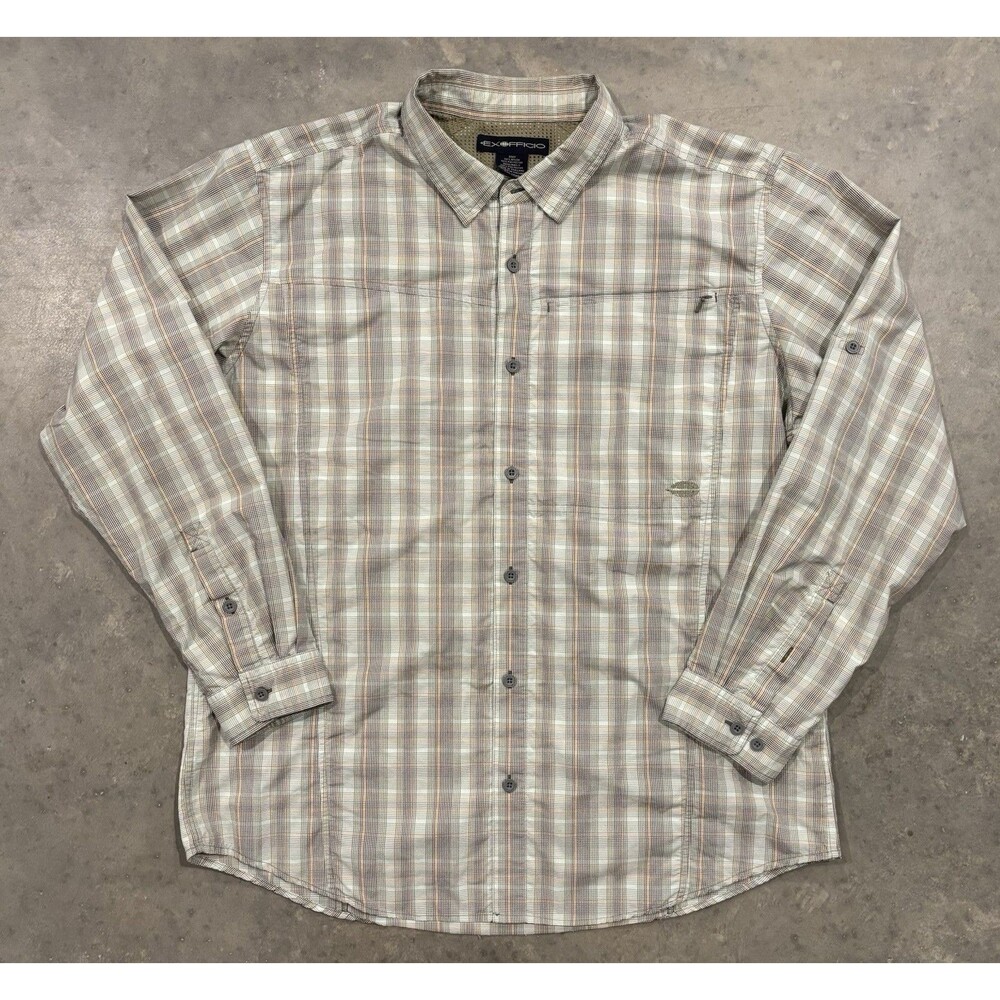 ExOfficio Button Shirt Mens 2XL Vented Hiking Fishing Check